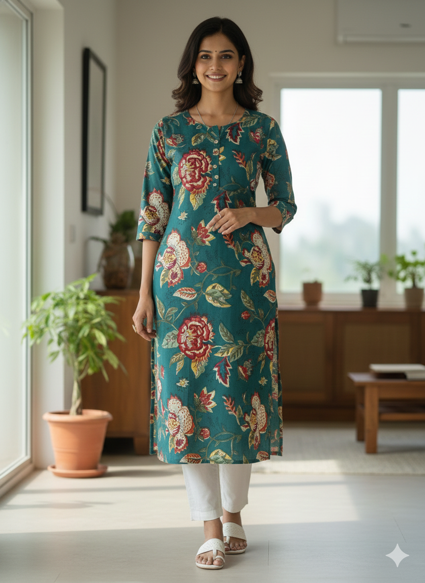 Green - Women's Pure Cotton Floral Printed Straight Kurta