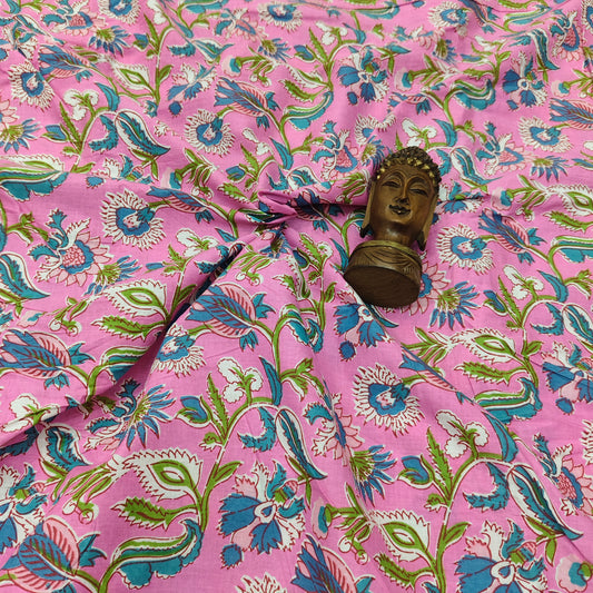 Pink - Sanganeri Block Print Cotton Cambric Fabric