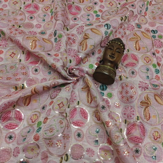 Pink - Chinon Sequence Embroidery Fabric