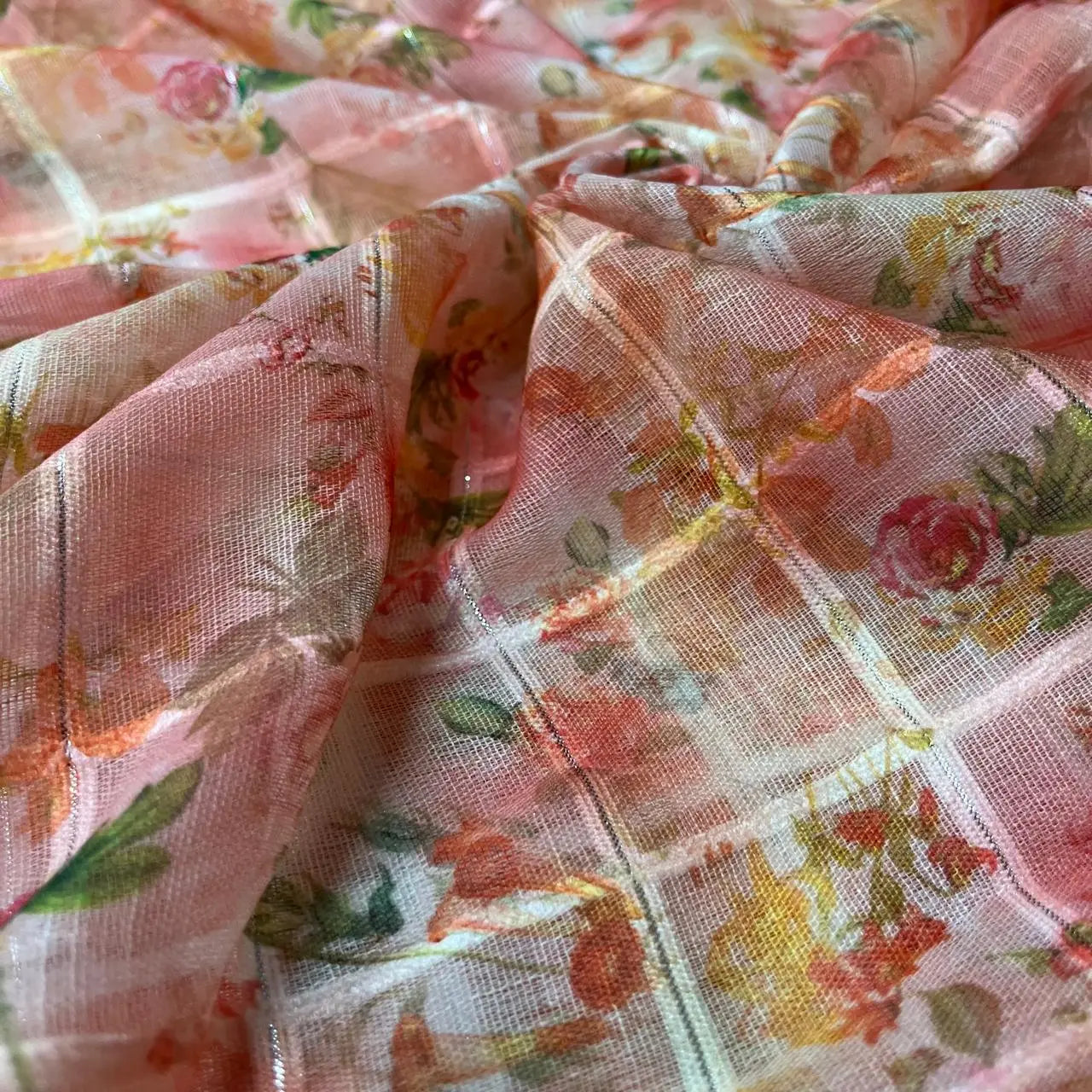 Pink Color Digital Print Linen Checks Fabric