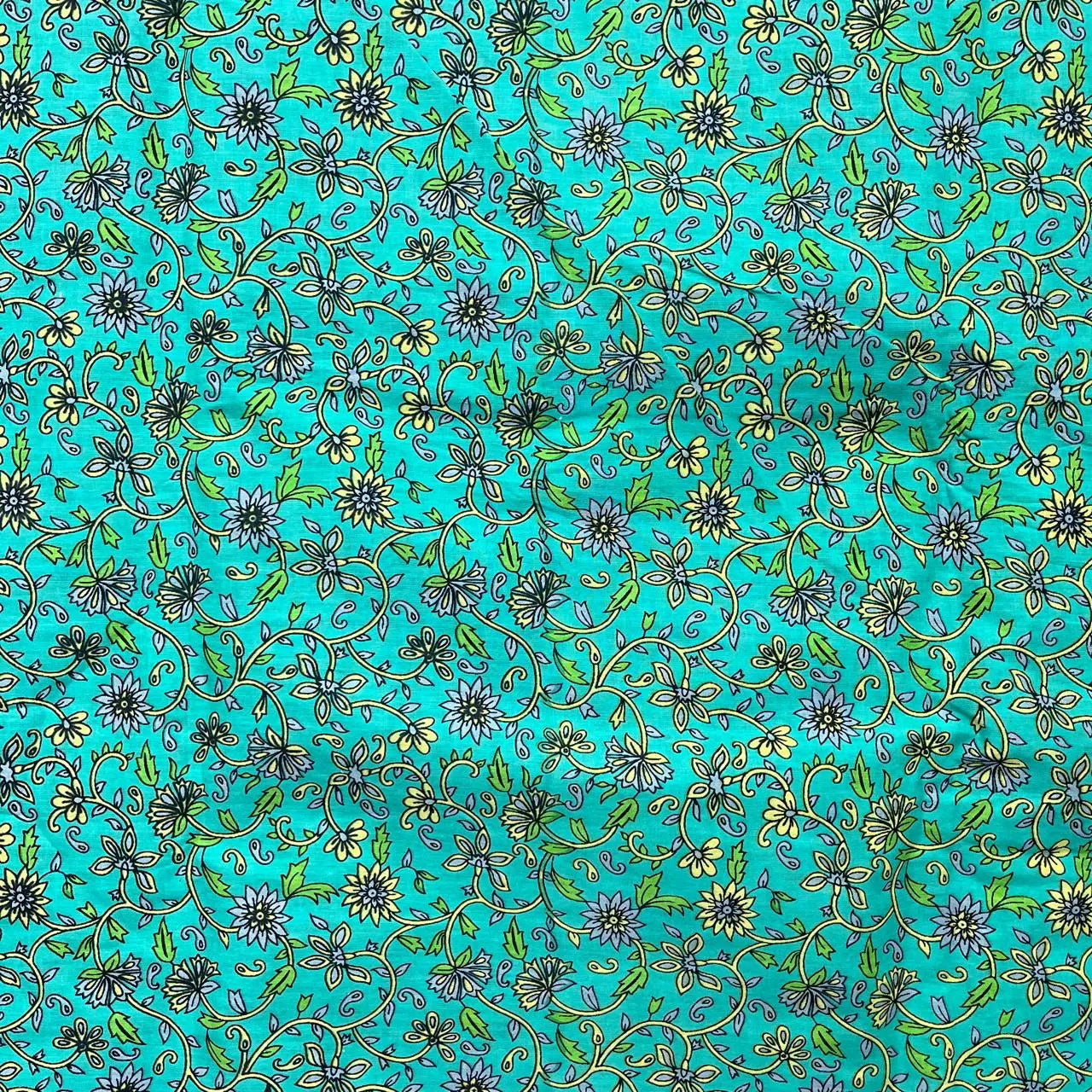 Aqua Blue Color Screen Print Cotton Cambric Fabric
