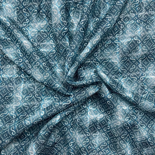 Bluish Cyan Color Digital Print Linen Checks Fabric