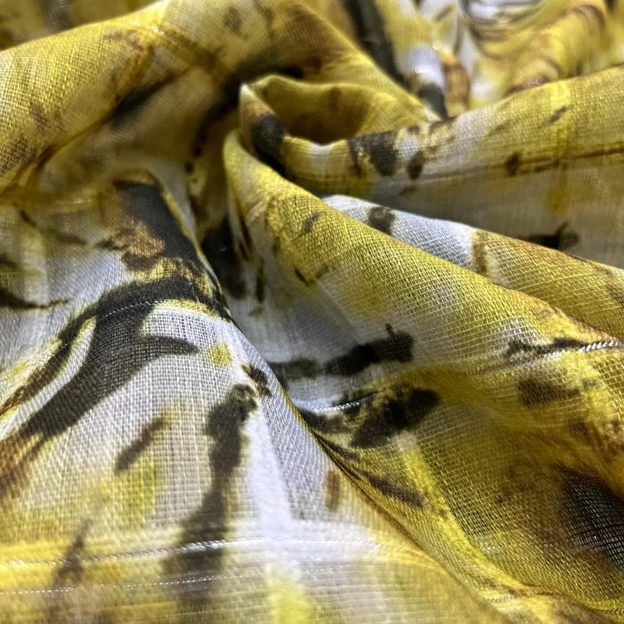 Mustard Color Digital Print Linen Checks Fabric