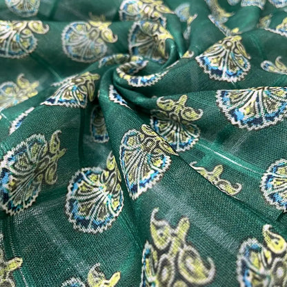 Dark Green Color Digital Print Linen Checks Fabric