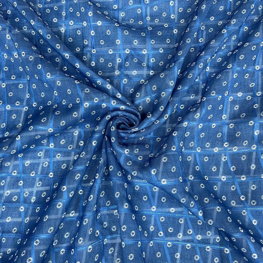Blue Color Digital Print Linen Checks Fabric
