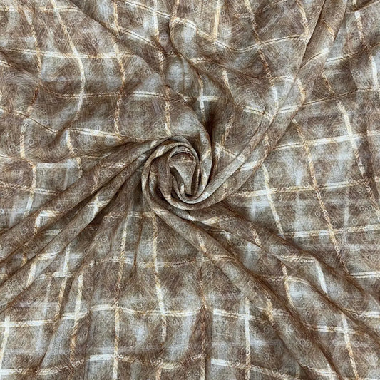 Greyish Brown Color Digital Print Linen Checks Fabric