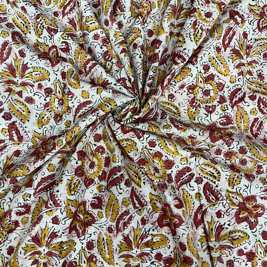 White Color Kalamkari Hand Block Printed Cotton Fabric