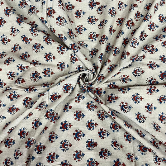 Light Grey Color Kalamkari Hand Block Printed Cotton Fabric