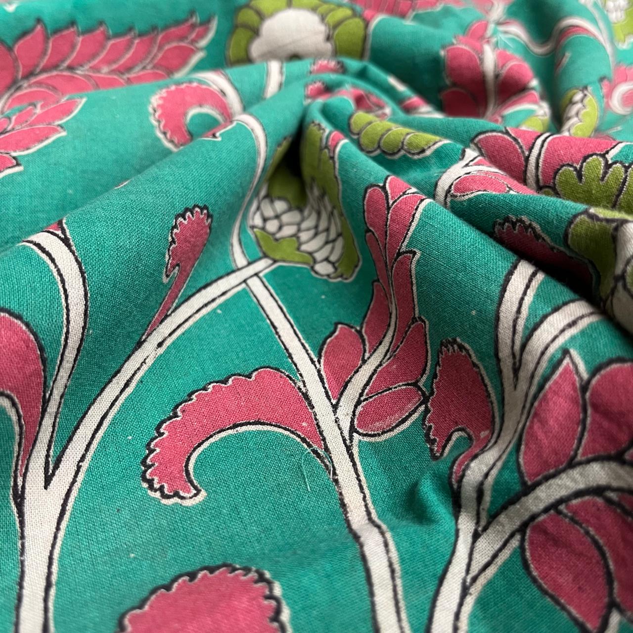 Pine Green Color Kalamkari Hand Block Printed Cotton Fabric