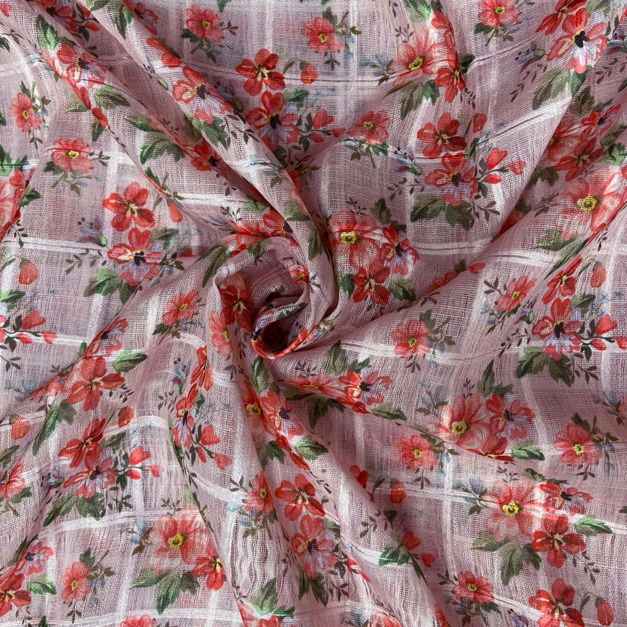 Rose Quartz Color Digital Print Linen Checks Fabric