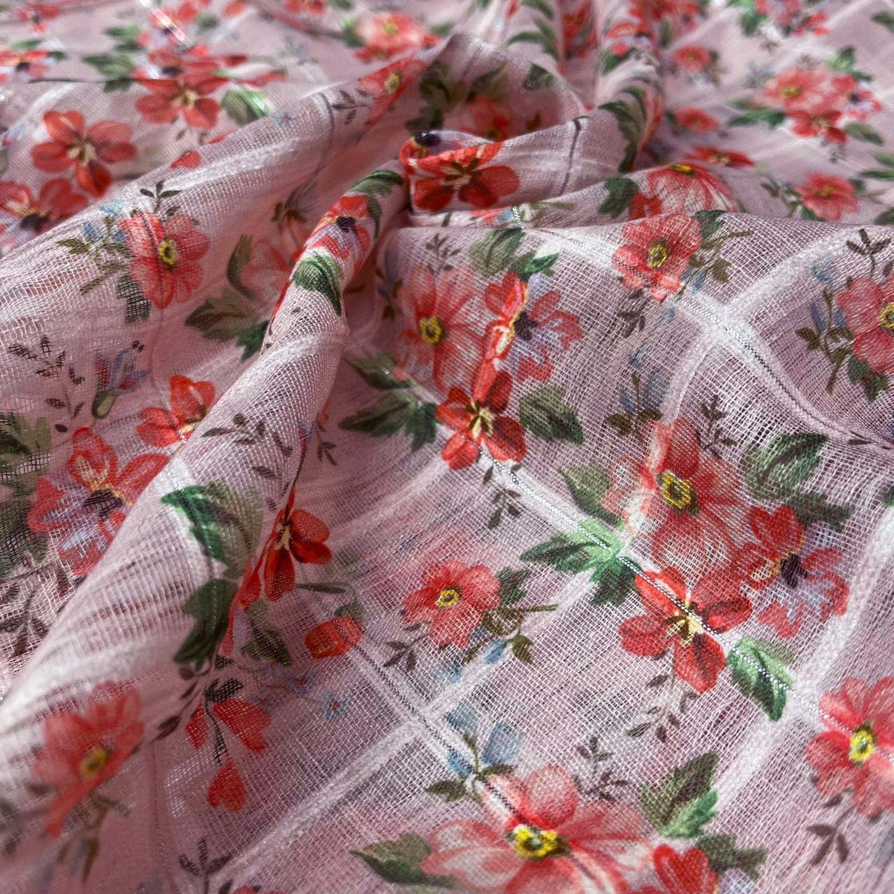 Rose Quartz Color Digital Print Linen Checks Fabric