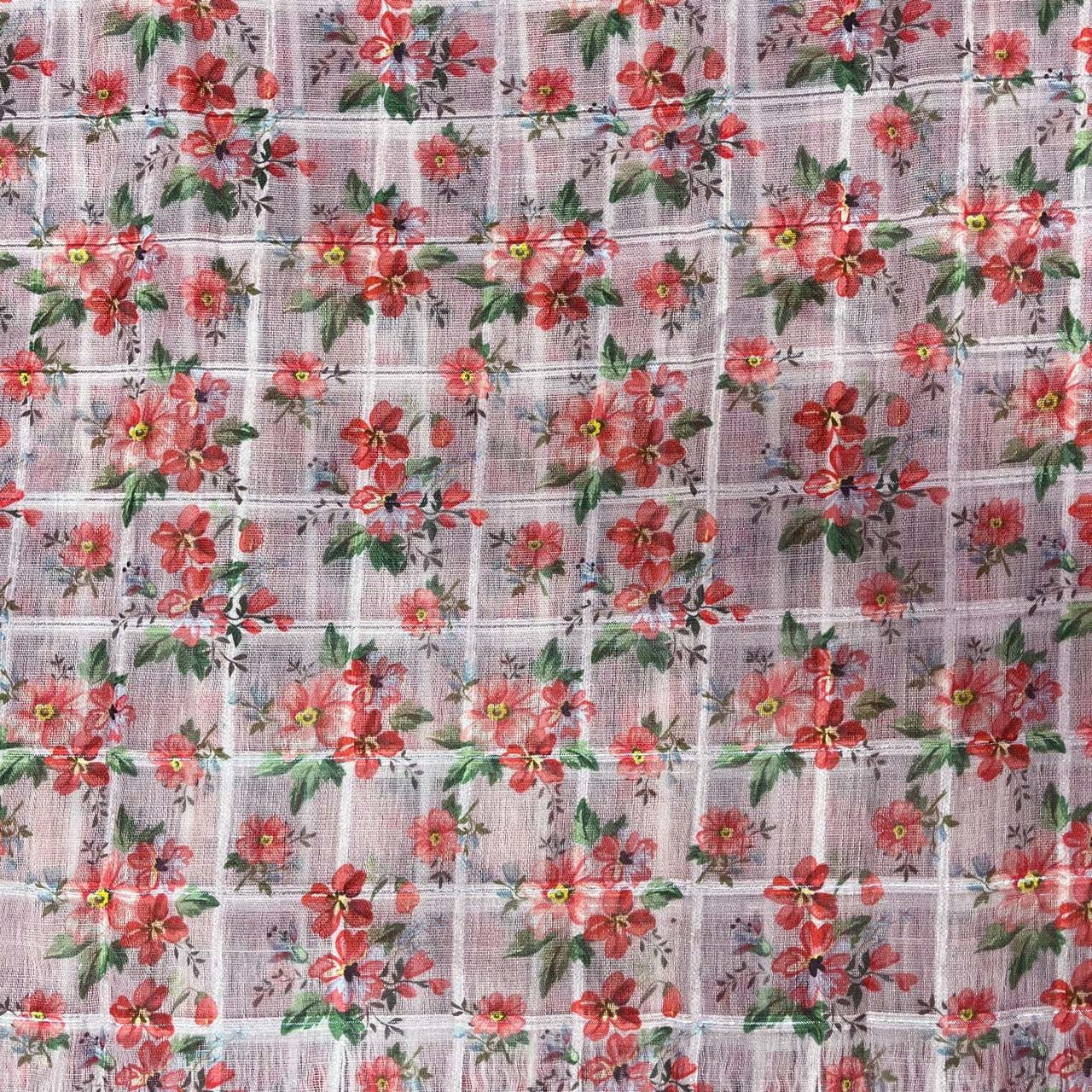 Rose Quartz Color Digital Print Linen Checks Fabric