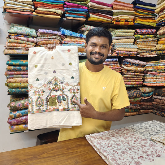 Pure Cotton Kora Embroidery Fabric - Elephant