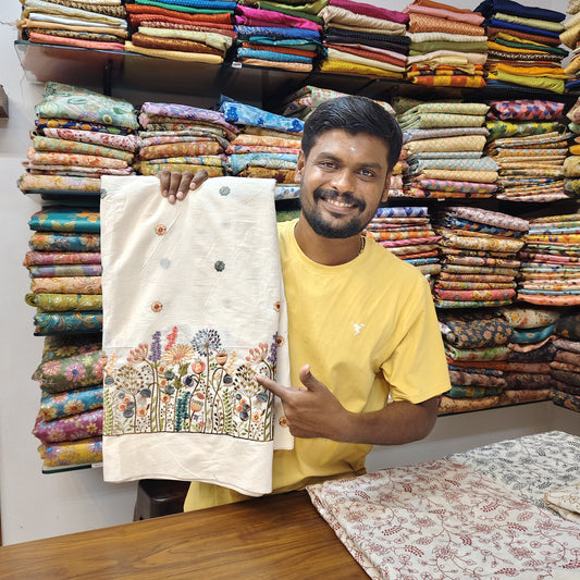 Pure Cotton Kora Embroidery Fabric - Flower