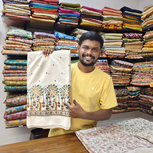 Pure Cotton Kora Embroidery Fabric - Tree