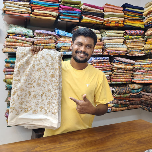 Pure Cotton Kora Embroidery Fabric - Golden
