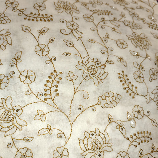 Pure Cotton Kora Embroidery Fabric - Golden