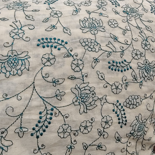 Pure Cotton Kora Embroidery Fabric - Rama Green