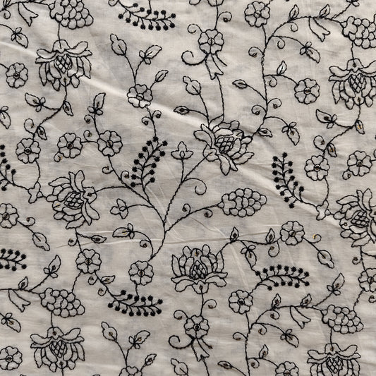 Pure Cotton Kora Embroidery Fabric - Black