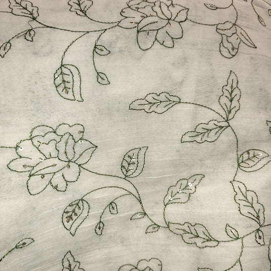 Pure Cotton Kora Embroidery Fabric - Green
