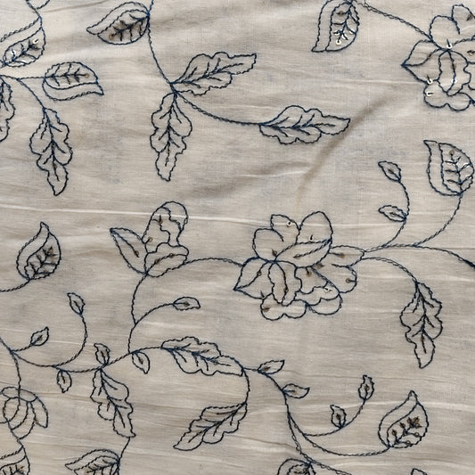 Pure Cotton Kora Embroidery Fabric - Navy