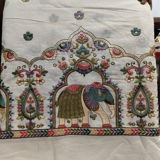 Pure Cotton Kora Embroidery Fabric - Elephant