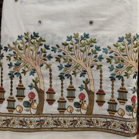 Pure Cotton Kora Embroidery Fabric - Tree