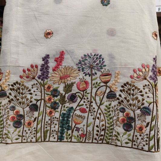 Pure Cotton Kora Embroidery Fabric - Flower