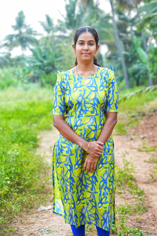 Parrot Green Sketch Silk Kurti with Lining & L- Bow Sleeves