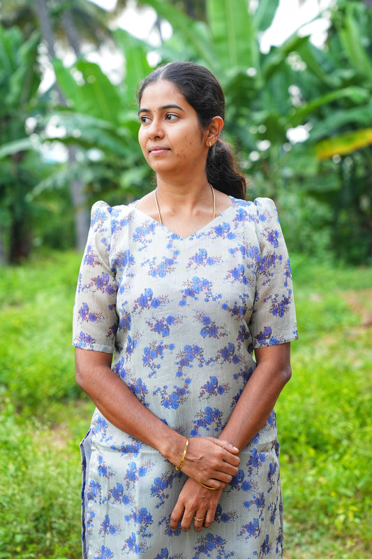 Tissue Fabric Flower Kurti with Lining & L- Bow Sleeves