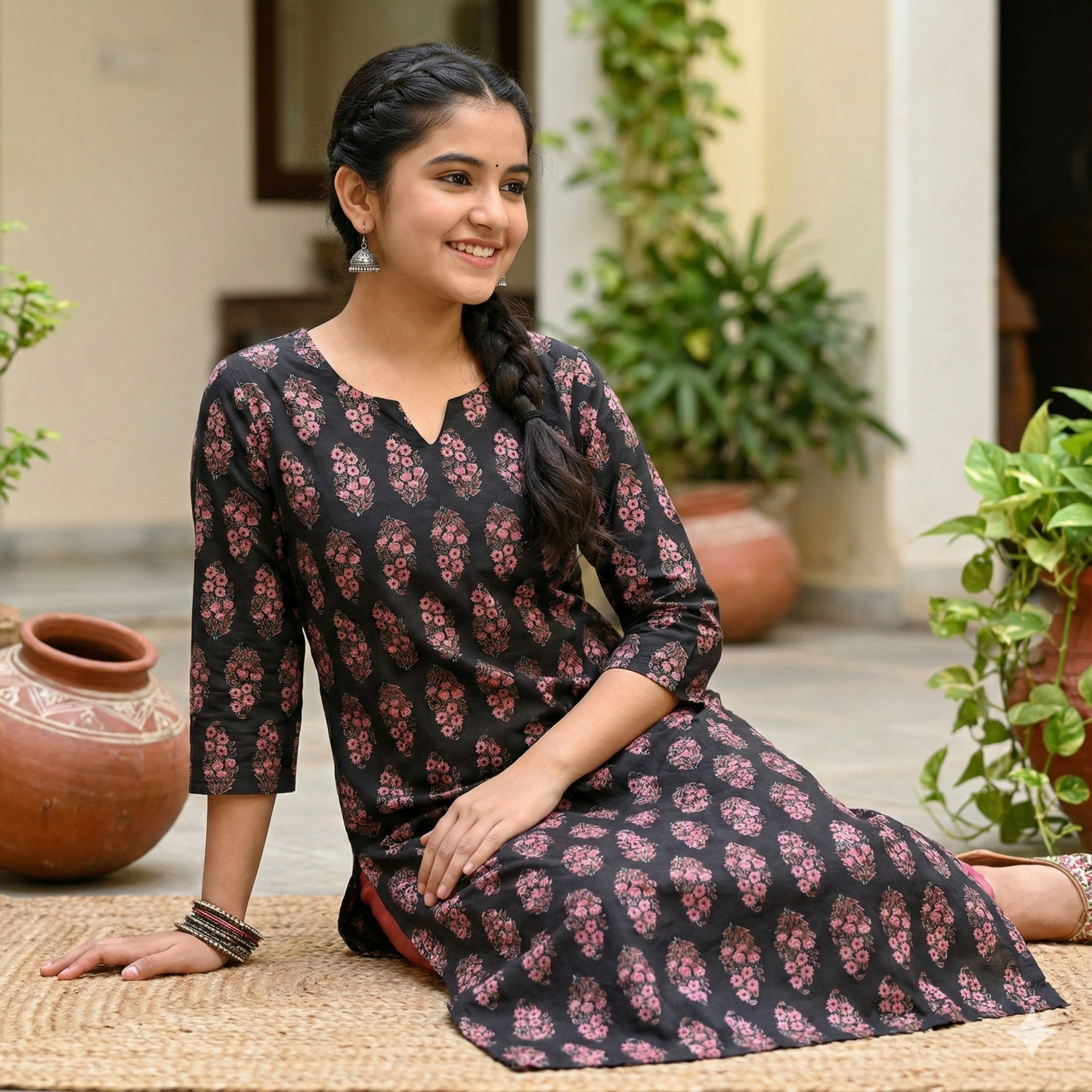 Black - Women's Pure Cotton Floral Printed Straight Kurta