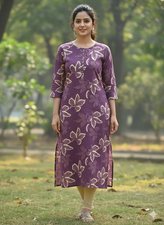 Violet - Women's Pure Cotton Floral Printed Straight Kurta