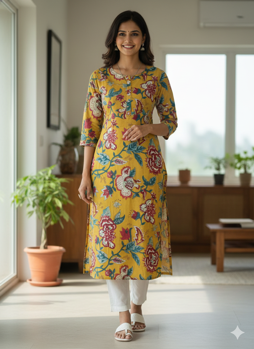 Mustard - Women's Pure Cotton Floral Printed Straight Kurta