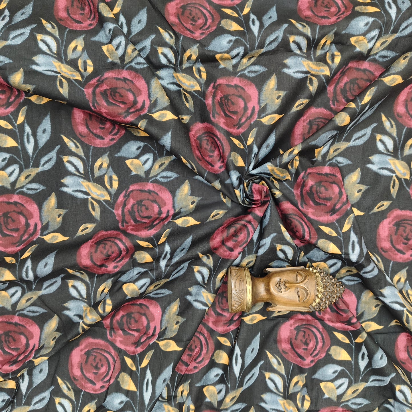 Black - Sanganeri Block Print Cotton Cambric Fabric 1