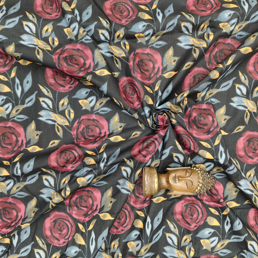 Black - Sanganeri Block Print Cotton Cambric Fabric 1