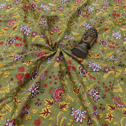 Green - Sanganeri Block Print Cotton Cambric Fabric