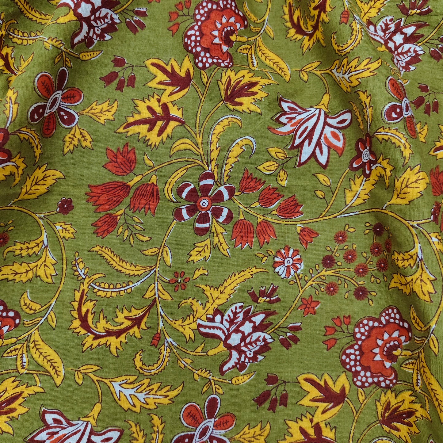 Green - Sanganeri Block Print Cotton Cambric Fabric
