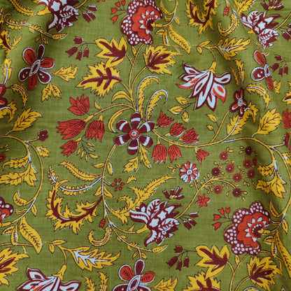 Green - Sanganeri Block Print Cotton Cambric Fabric