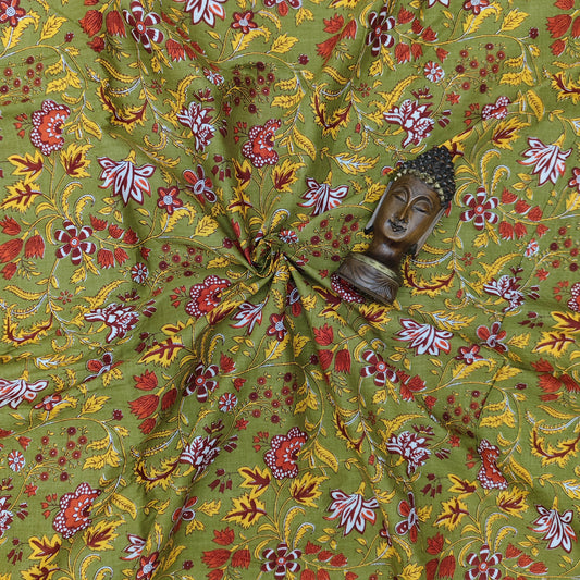 Green - Sanganeri Block Print Cotton Cambric Fabric