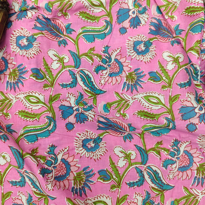 Pink - Sanganeri Block Print Cotton Cambric Fabric