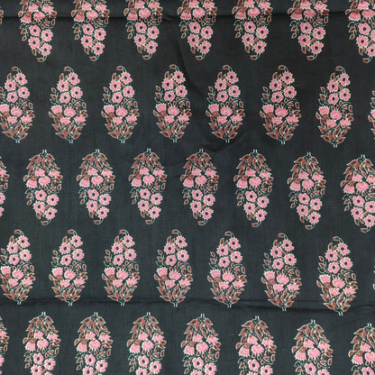 Black - Sanganeri Block Print Cotton Cambric Fabric