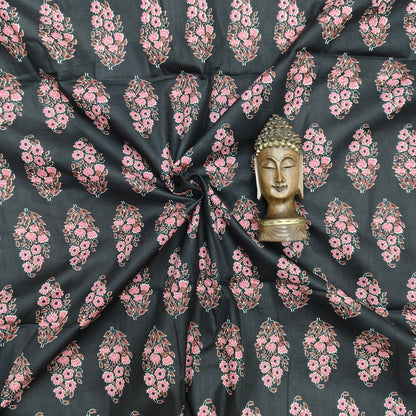 Black - Sanganeri Block Print Cotton Cambric Fabric