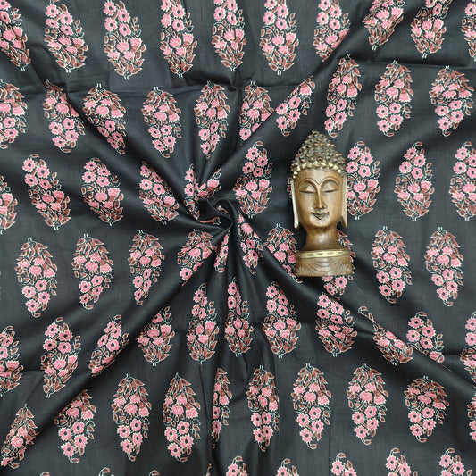 Black - Sanganeri Block Print Cotton Cambric Fabric