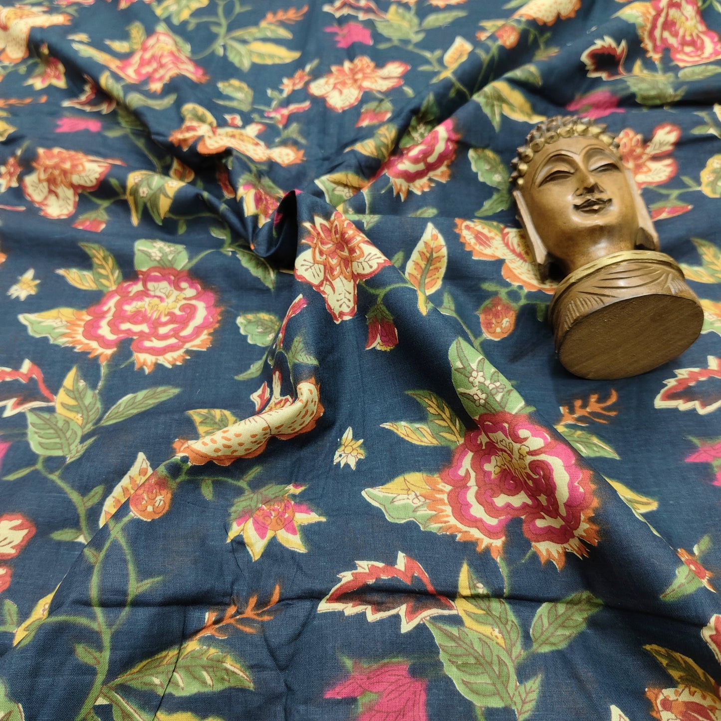 Navy - Sanganeri Block Print Cotton Cambric Fabric