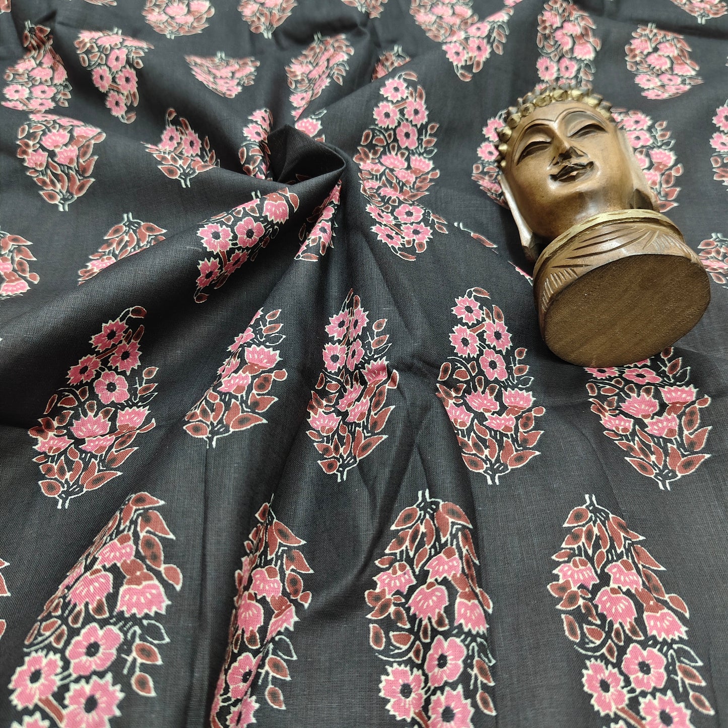 Black - Sanganeri Block Print Cotton Cambric Fabric