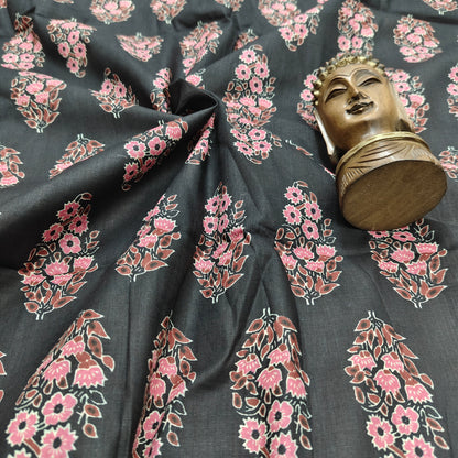Black - Sanganeri Block Print Cotton Cambric Fabric
