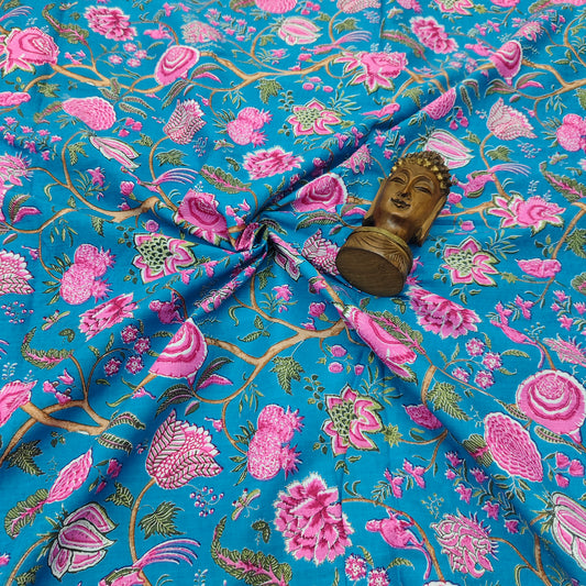 Sky Blue - Sanganeri Block Print Cotton Cambric Fabric