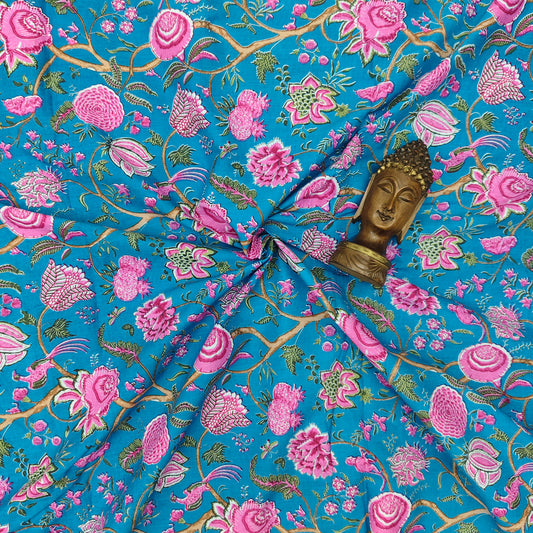 Sky Blue - Sanganeri Block Print Cotton Cambric Fabric