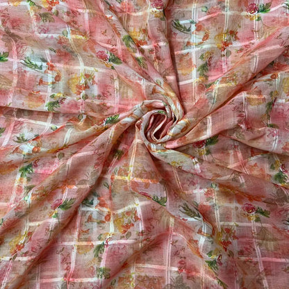 Pink Color Digital Print Linen Checks Fabric