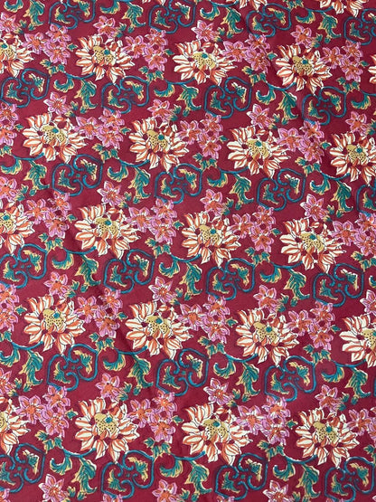 Burgundy Color Screen Print Cotton Cambric Fabric
